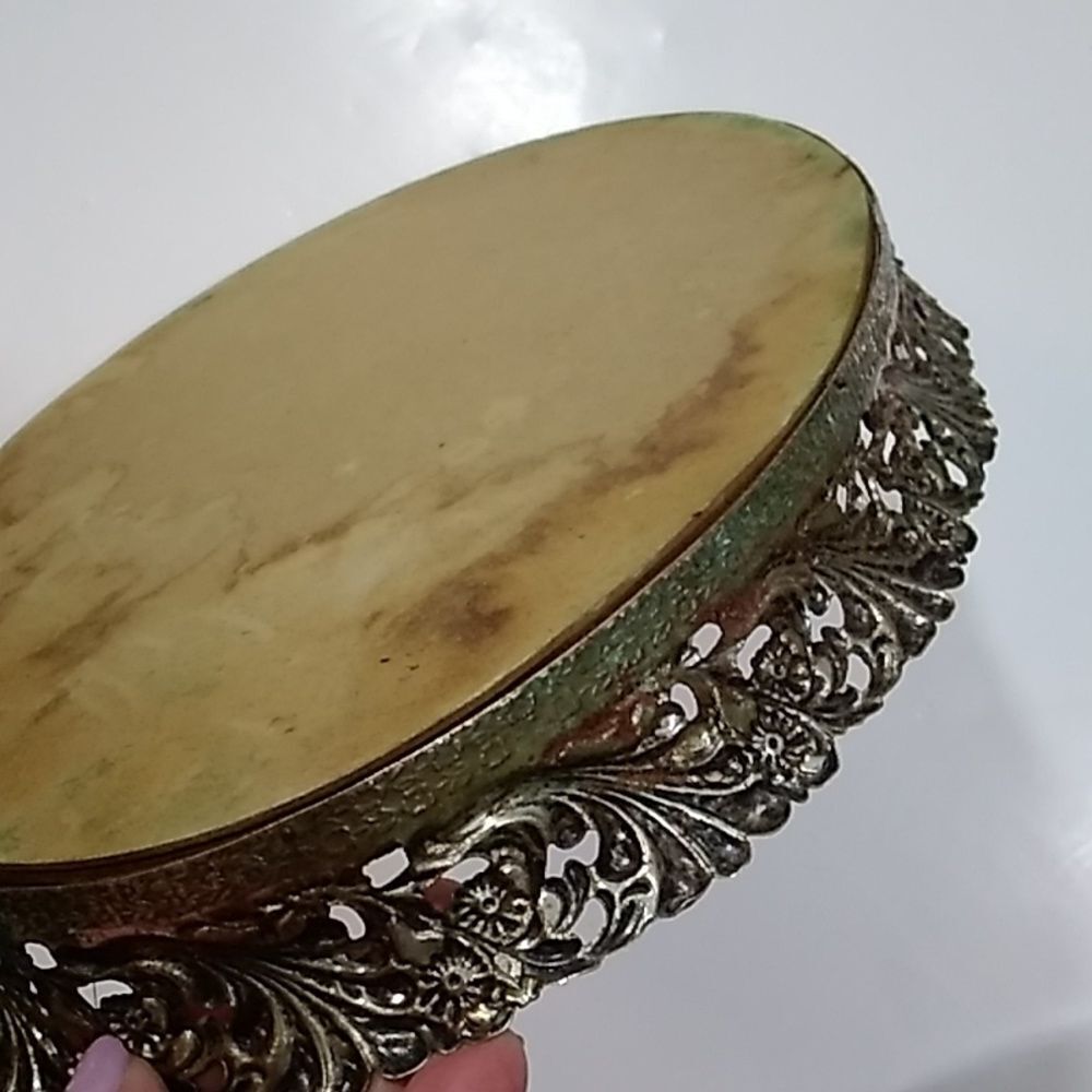 By Sale Vintage Oval Tone Gold Brass Vanity Perfume Tray Mirror - Picture 8 of 8